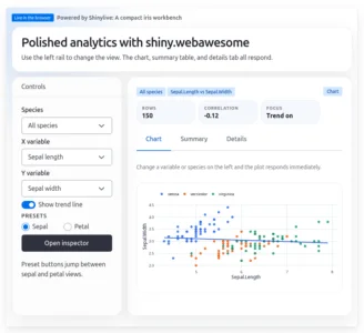 Screenshot of a shiny.webawesome example app displaying an organized sidebar with corresponding chart and detail views.